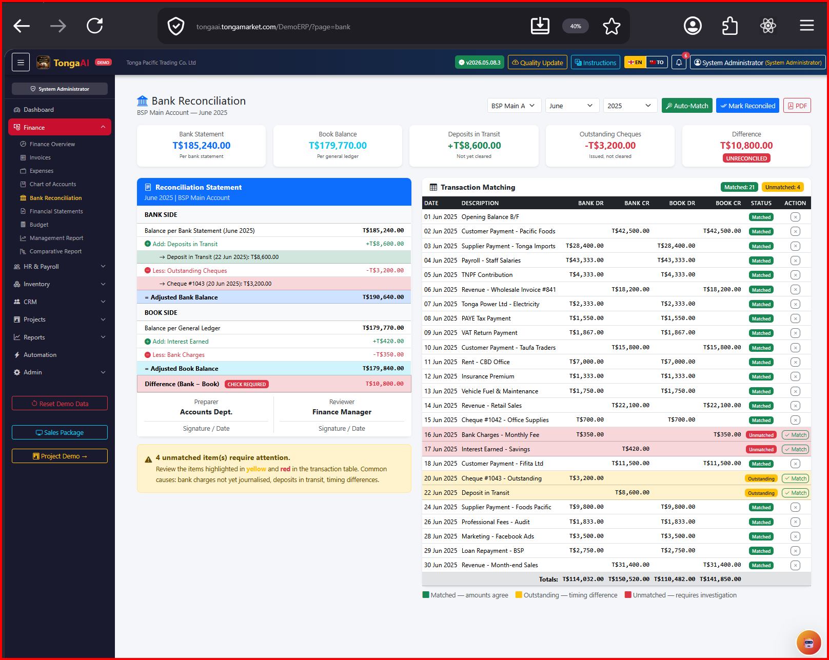 Screenshot illustrating Finance close and reconciliation